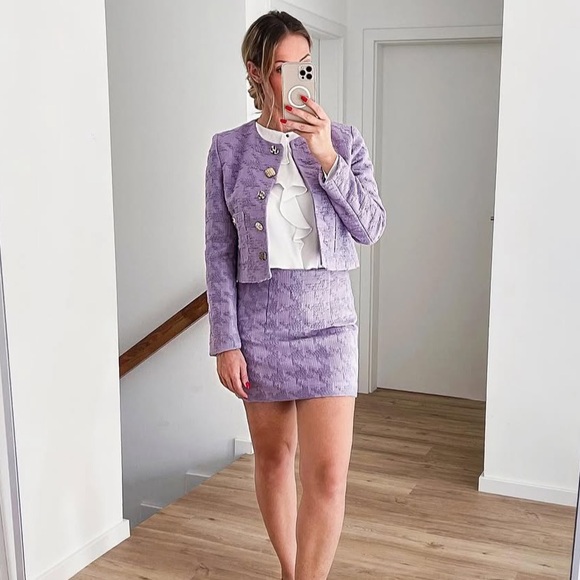 MANGO BLOGGER FAVE Lavender Lilac Purple Houndstooth Textured Mini Skirt Sz S - Picture 2 of 13